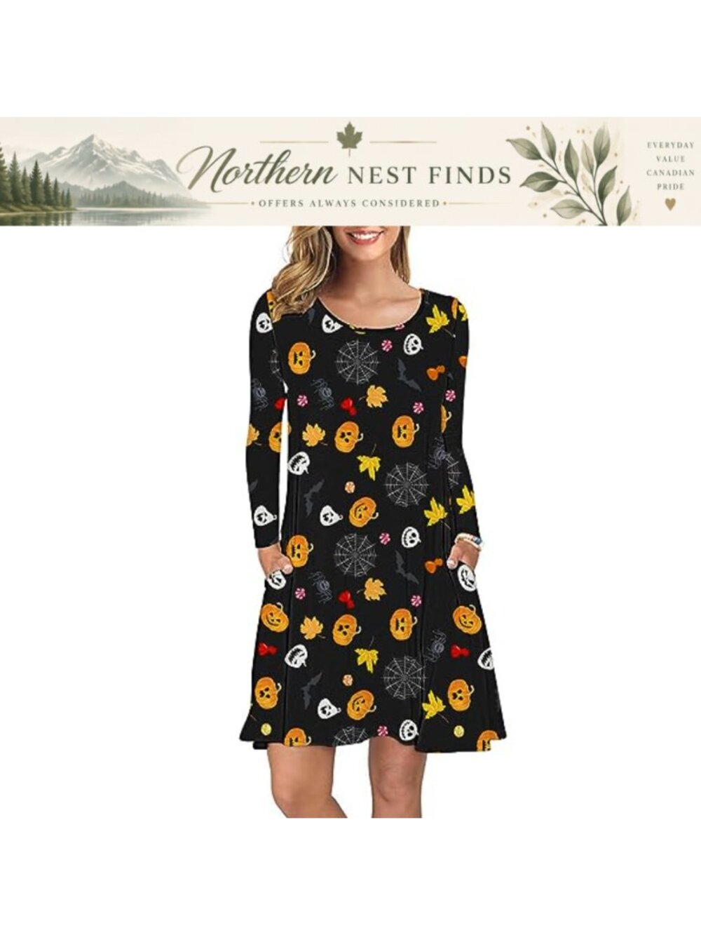 Womens Long Sleeve T-Shirt Dress Casual Swing Scoop Neck Side Pockets